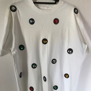 Cotton crewneck T-shirt size XL White with colorful ornaments unique, rare